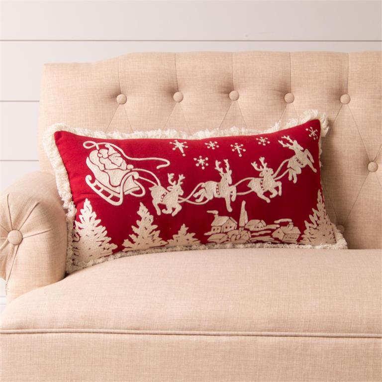 Embroidered Santa's Sleigh Lumbar Pillow