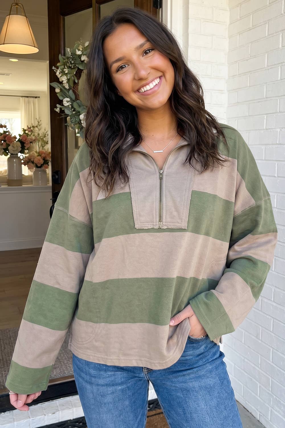 LAS Striped Colorblock Zipper Collar Casual Blouse (S-XL): Green / S
