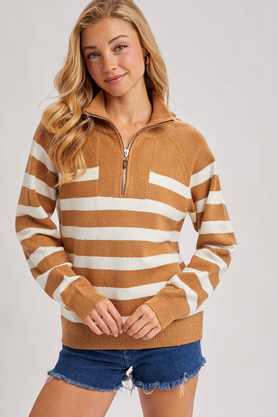Camel Striped Half Zip Sweater