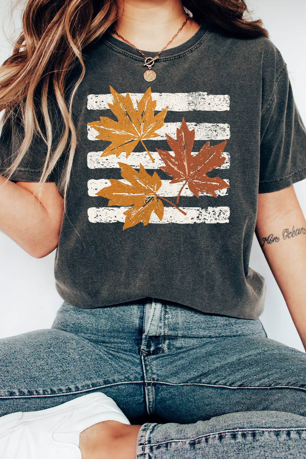 Striped Fall Leaf Autumn Comfort Colors Graphic Tee