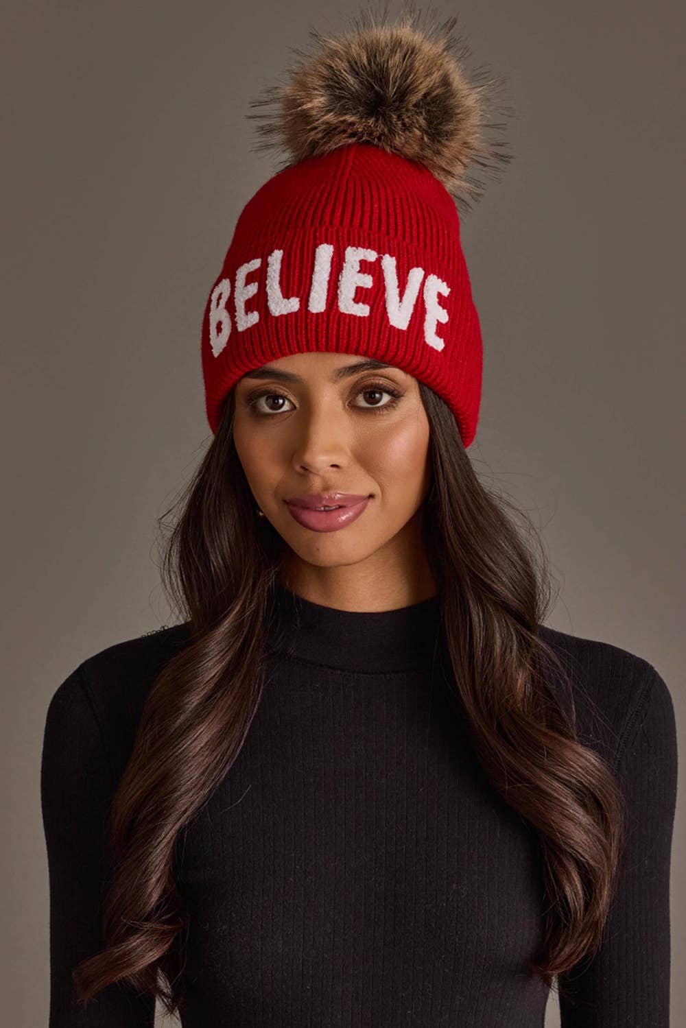 Red Believe Knit Pom Hat