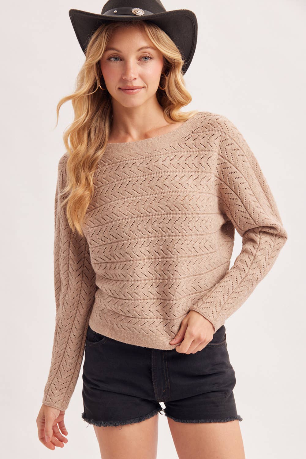CHEVRON POINTELLE BOAT-NECK KNIT SWEATER PULLOVER: ECRU / M/L