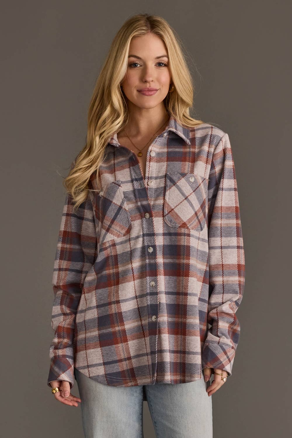 Dusty Blue, Brick & Tan Plaid Button Up