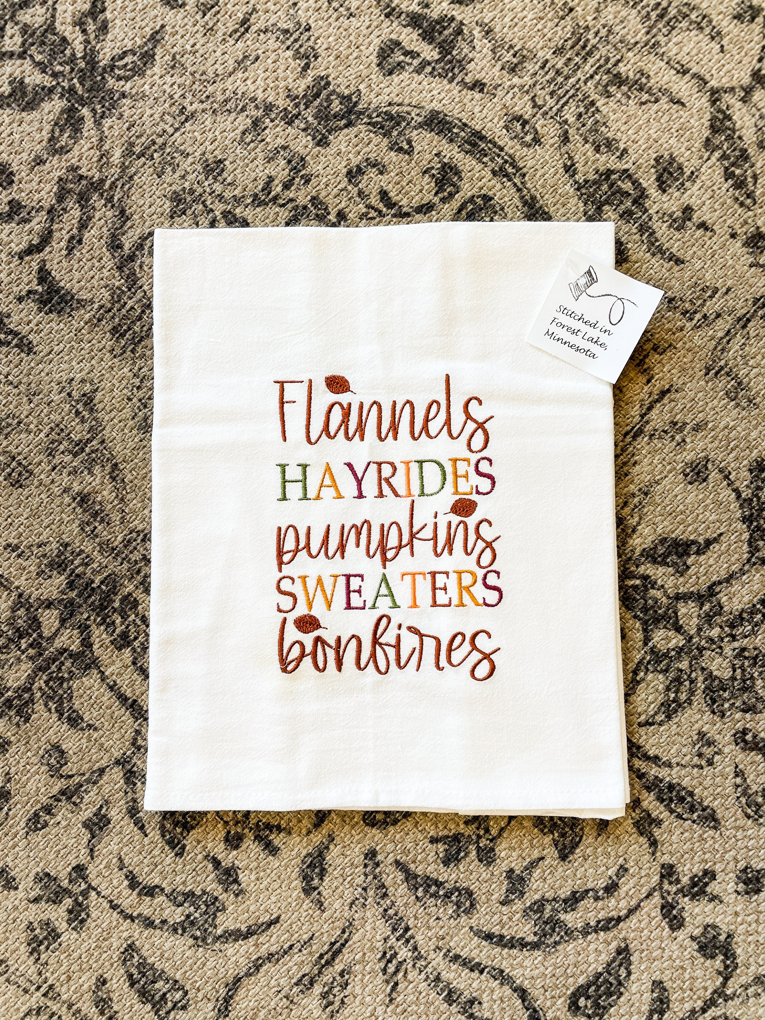 Flannels, Hayrides, Bonfires Tea Towel