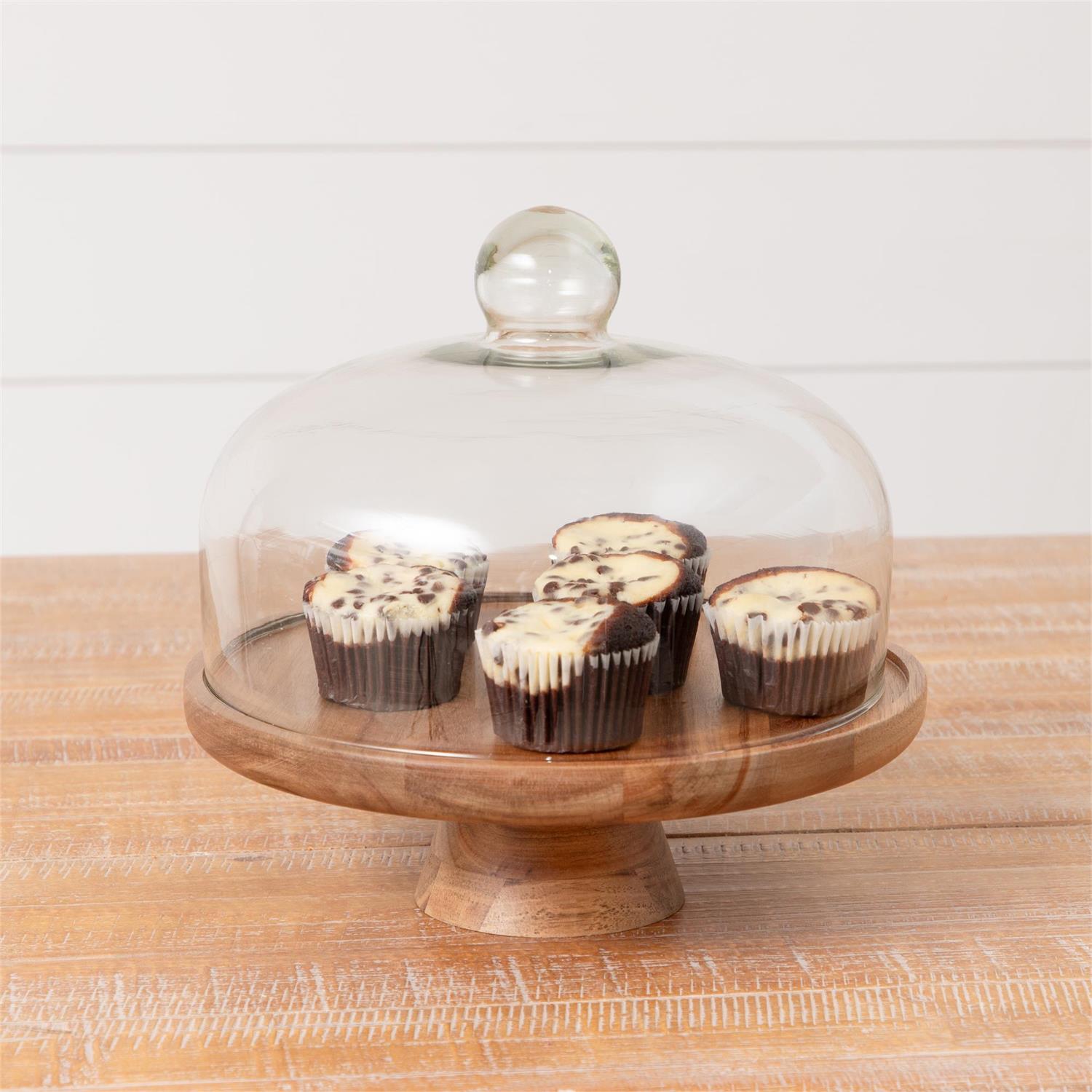 Wood Cake Stand with Glass Dome