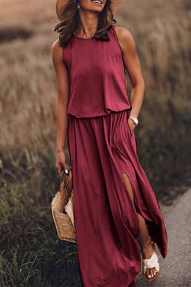 Solid Crew Neck Sleeveless Maxi Dress