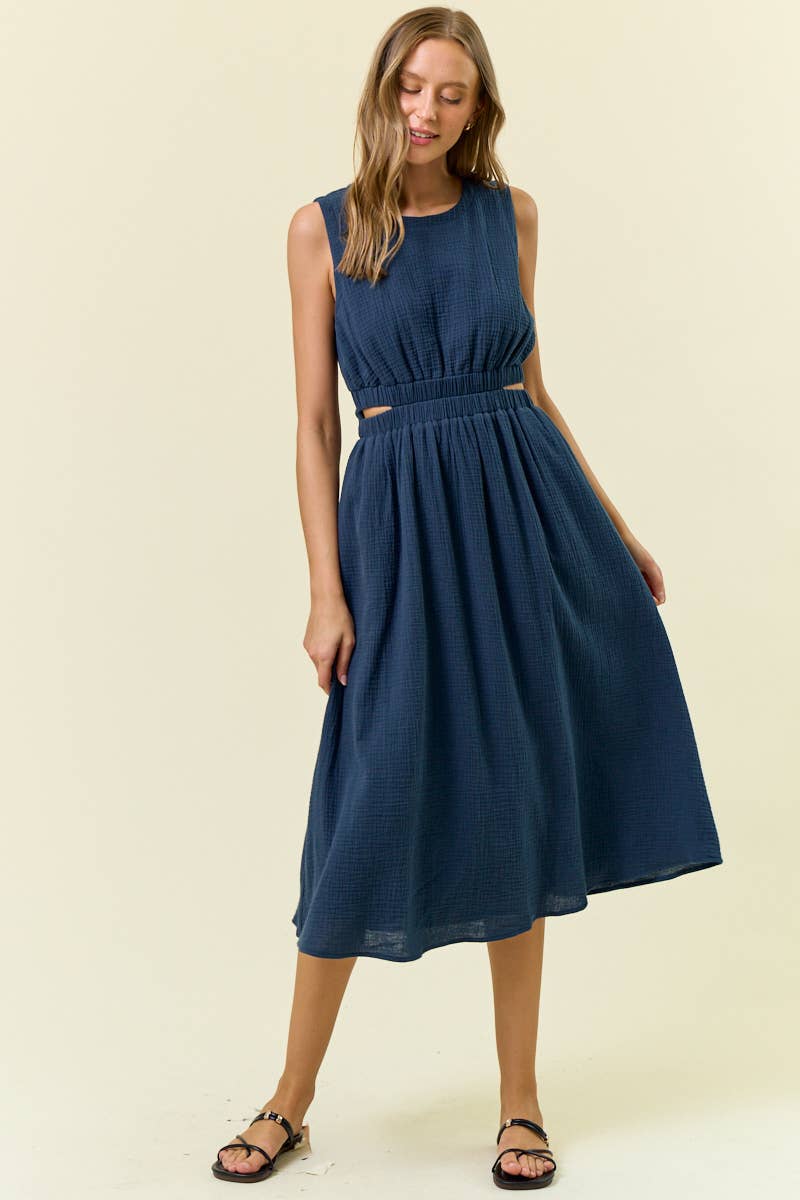 CUT-OUT WAIST MIDI DRESS W/ SIDE POCKET - 27920D: CORAL / L