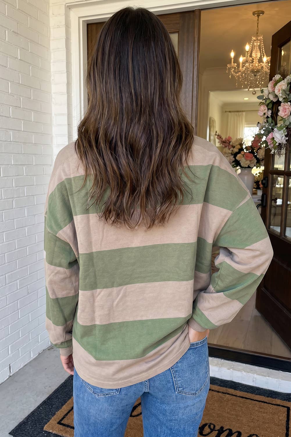 LAS Striped Colorblock Zipper Collar Casual Blouse (S-XL): Green / L
