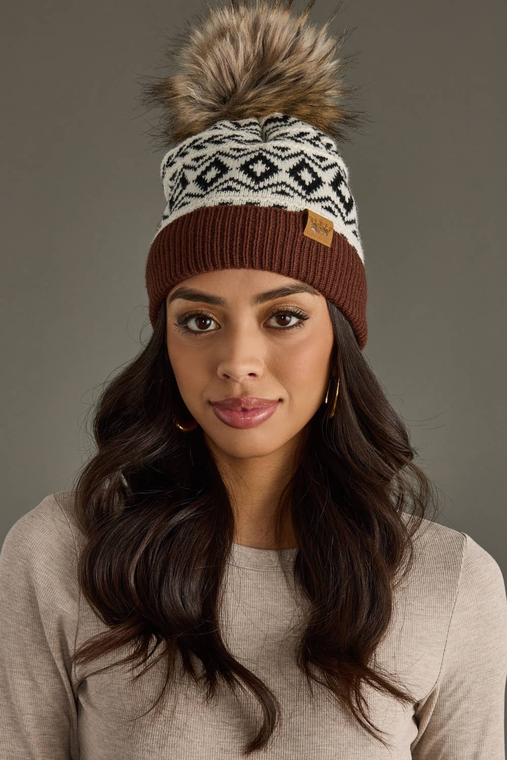 Ivory, Black & Brown Pattern Pom Hat