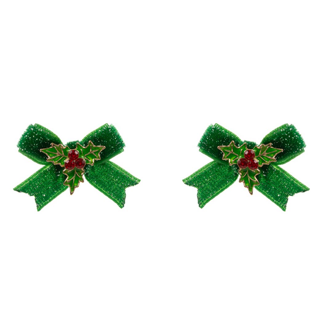 Christmas Holly Enamel with Velvet Bow Post Earrings