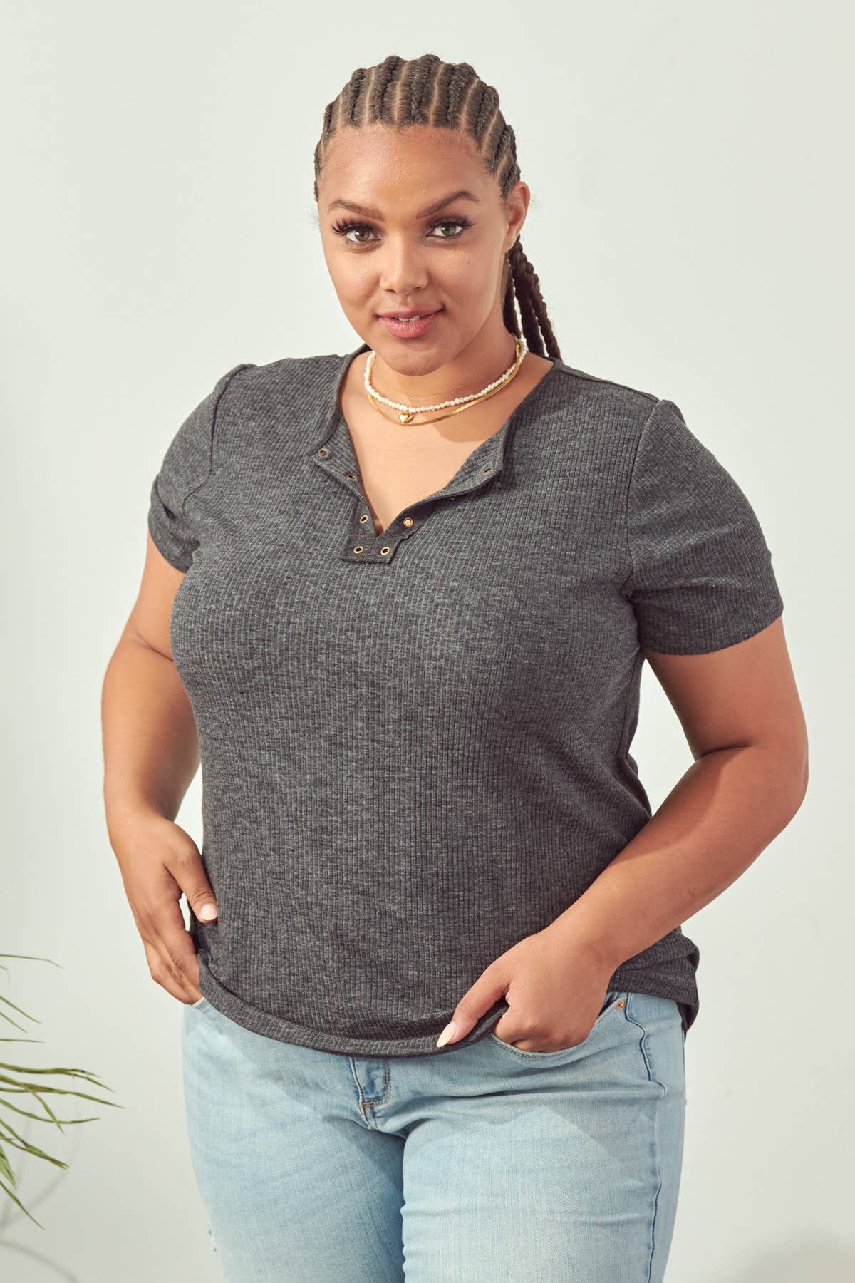 Charcoal Eyelet Placket Curvy Tee