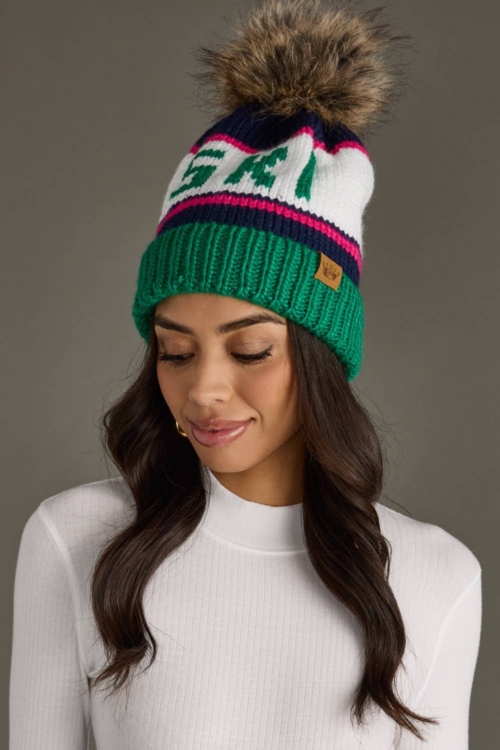 Green, Navy & Pink Ski Pom Hat