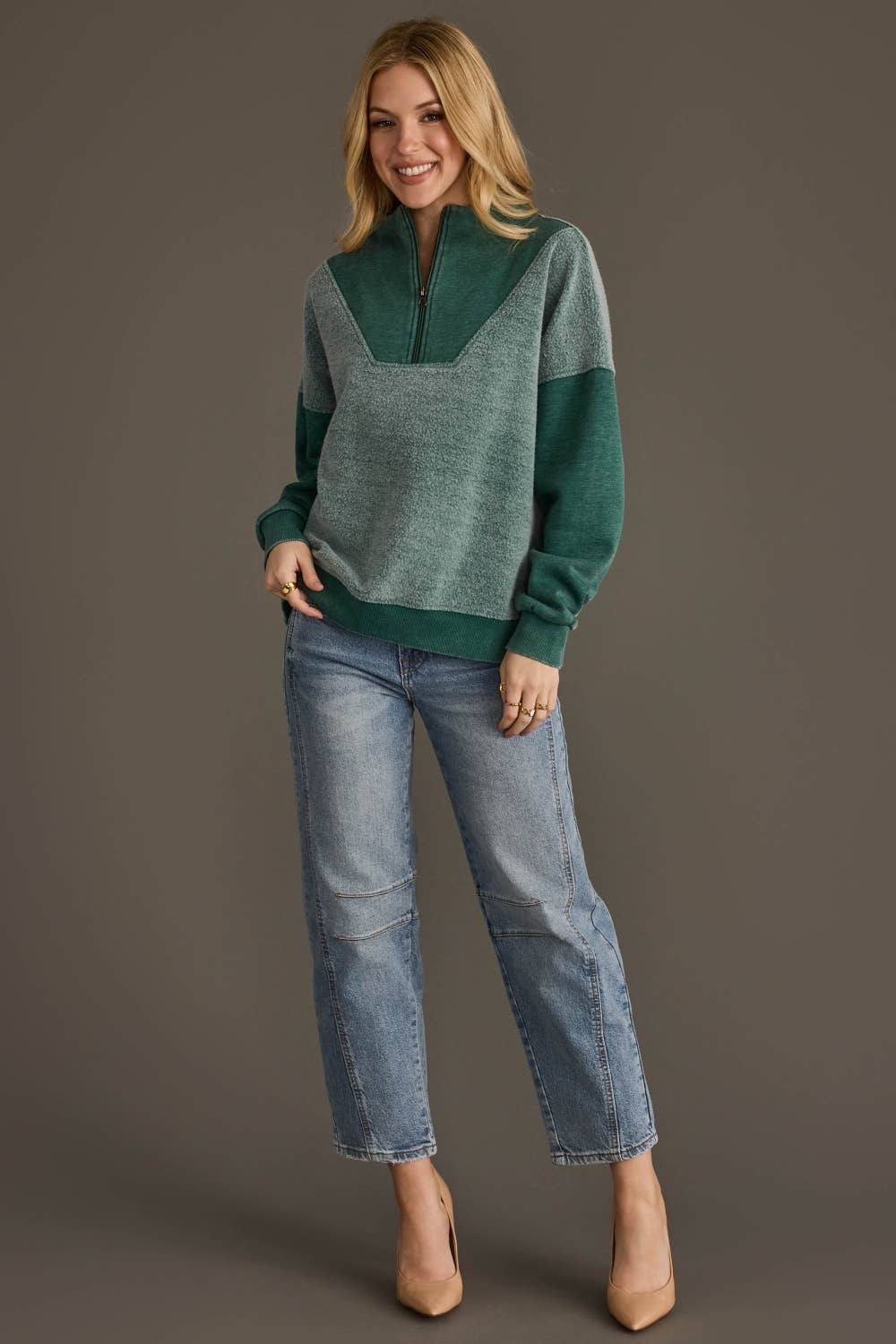 Green Mixed Media Quarter Zip Sweatshirt