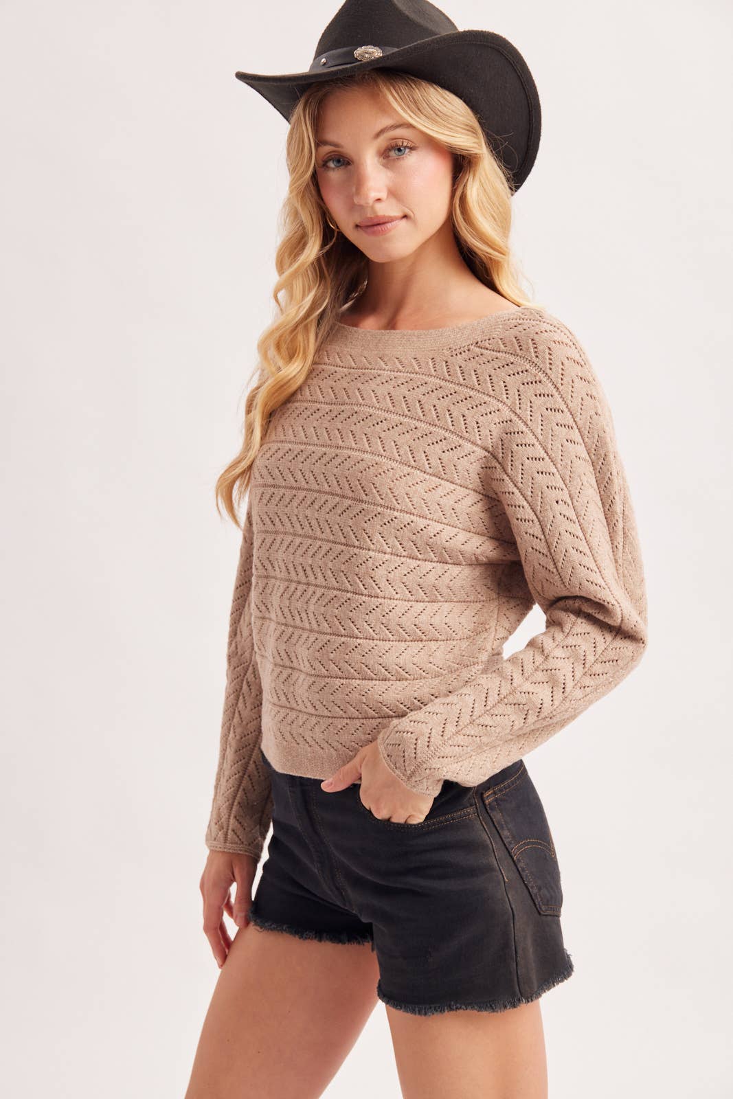 CHEVRON POINTELLE BOAT-NECK KNIT SWEATER PULLOVER: ECRU / M/L
