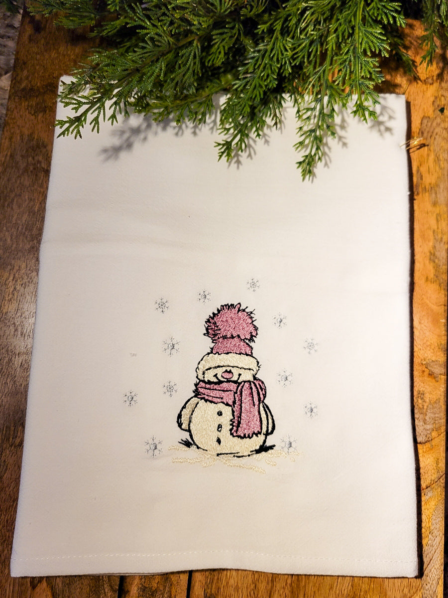 Pink Snowman Tea Towel