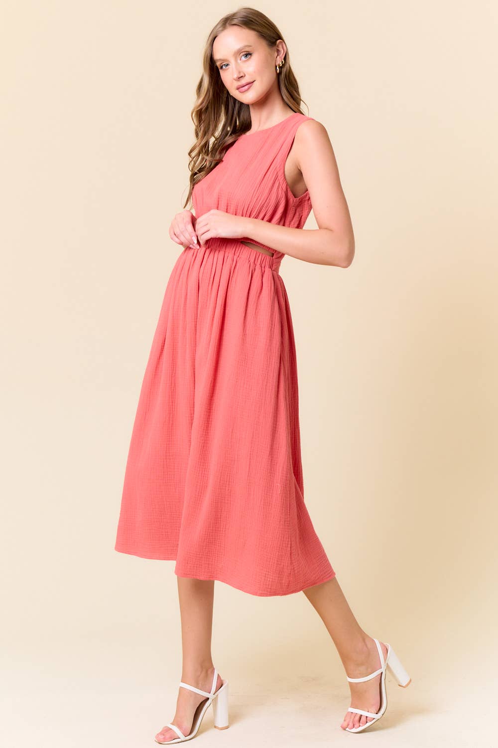 CUT-OUT WAIST MIDI DRESS W/ SIDE POCKET - 27920D: CORAL / L