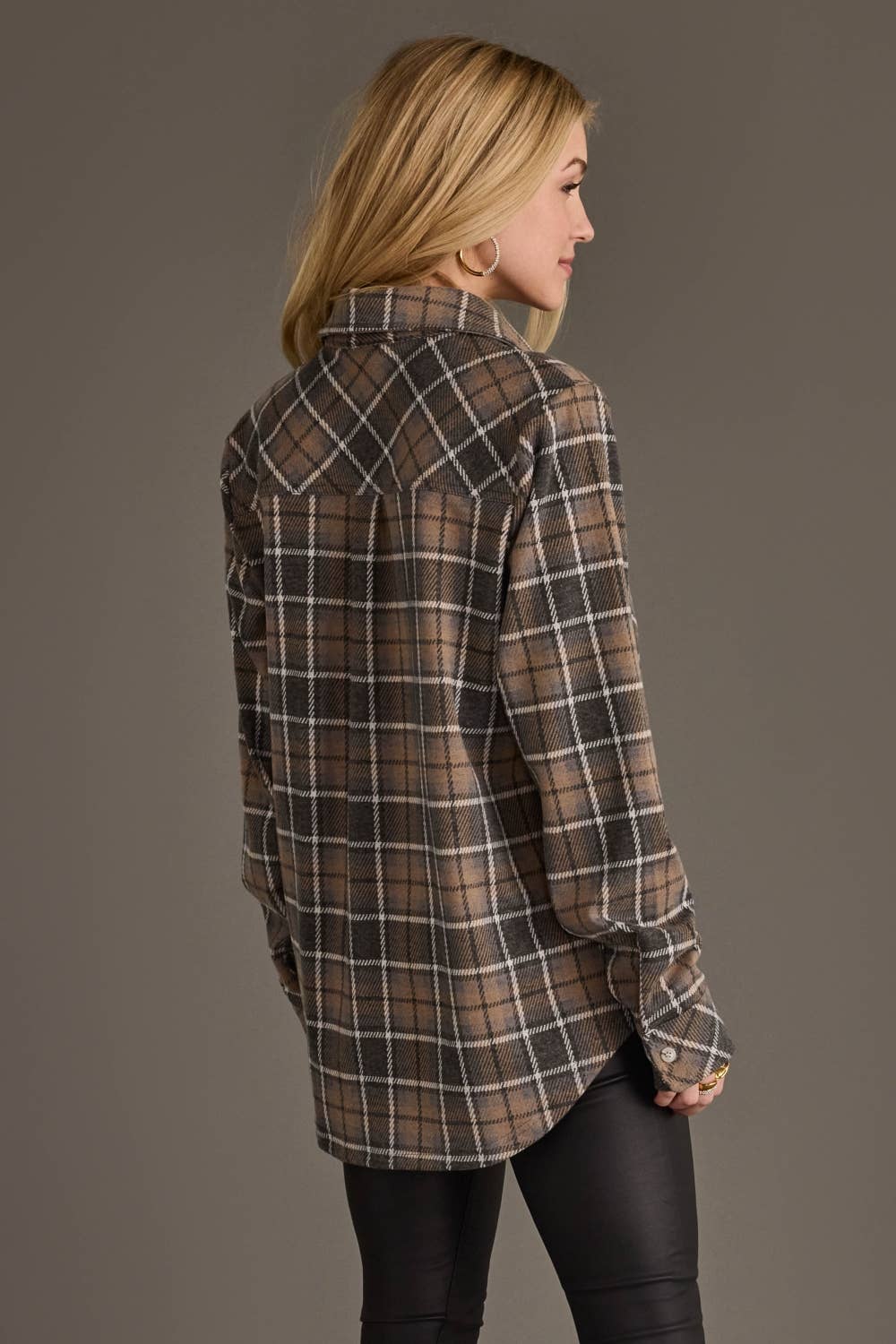 Gray, Tan & White Plaid Button Up