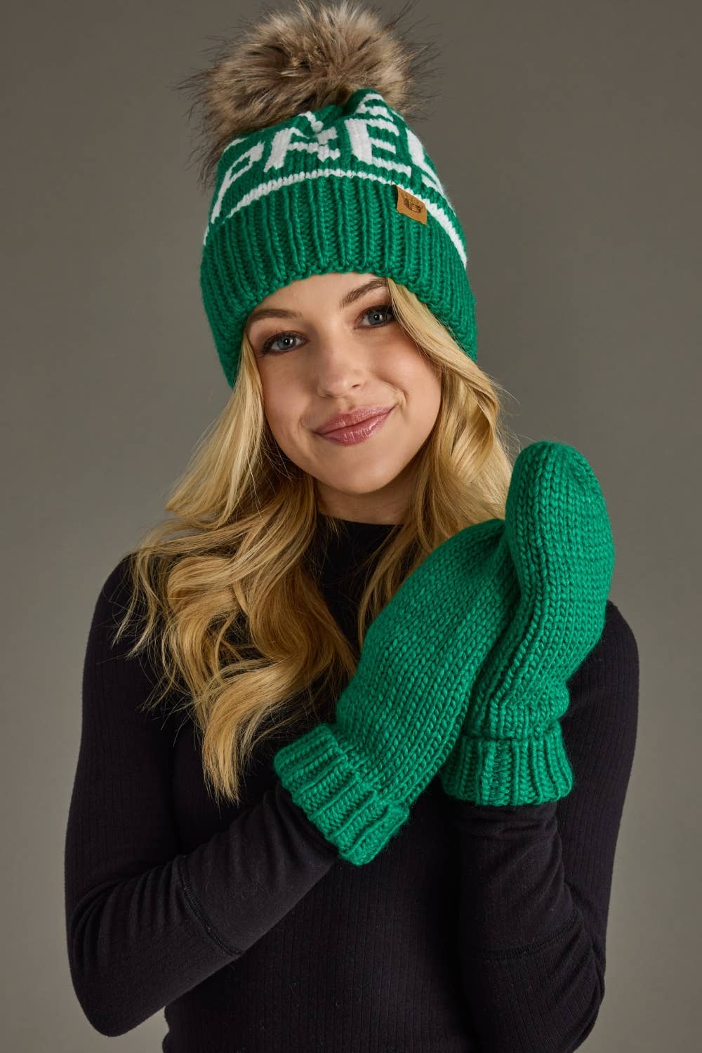 Green Cuffed Knit Mittens