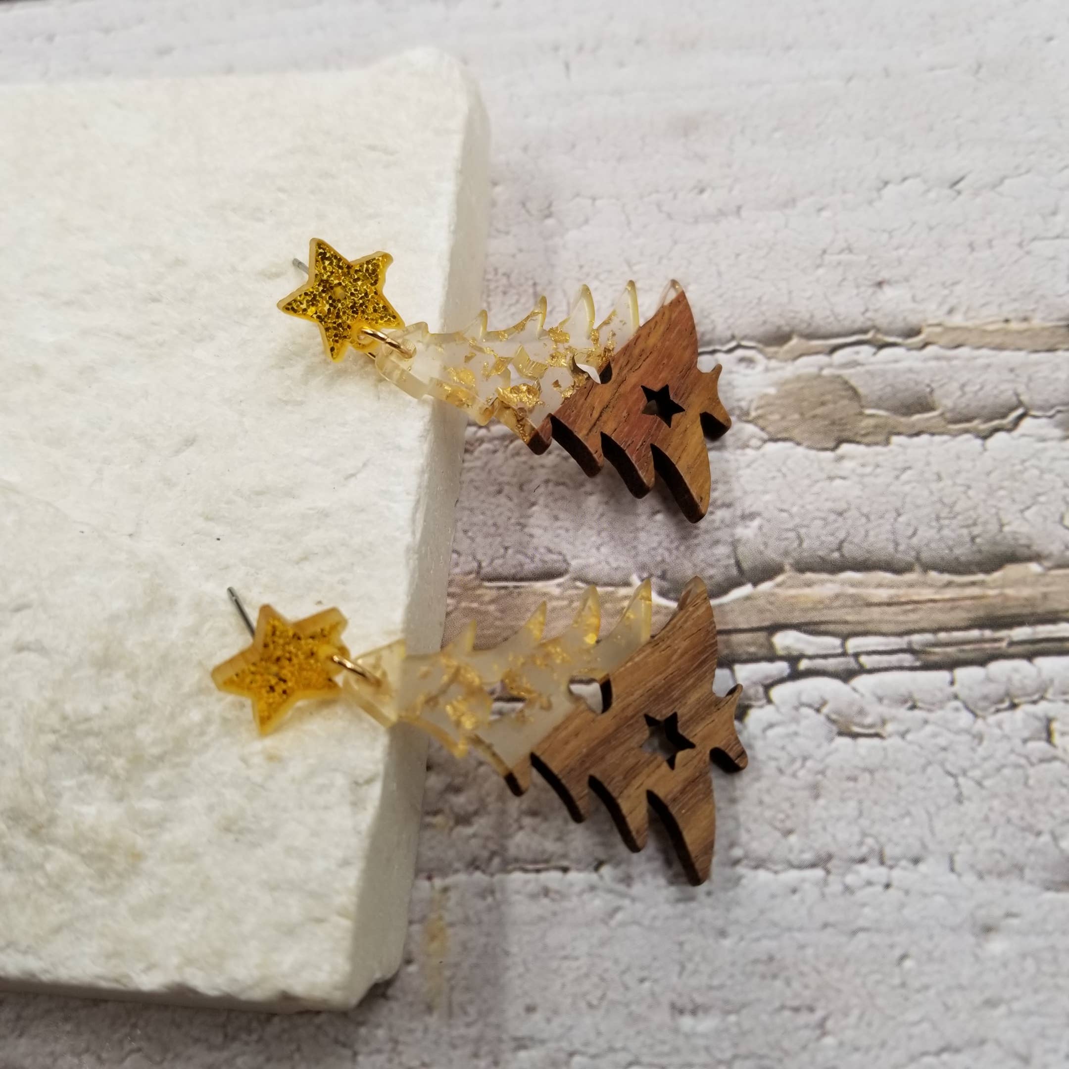Wood & Resin Christmas Tree Earrings