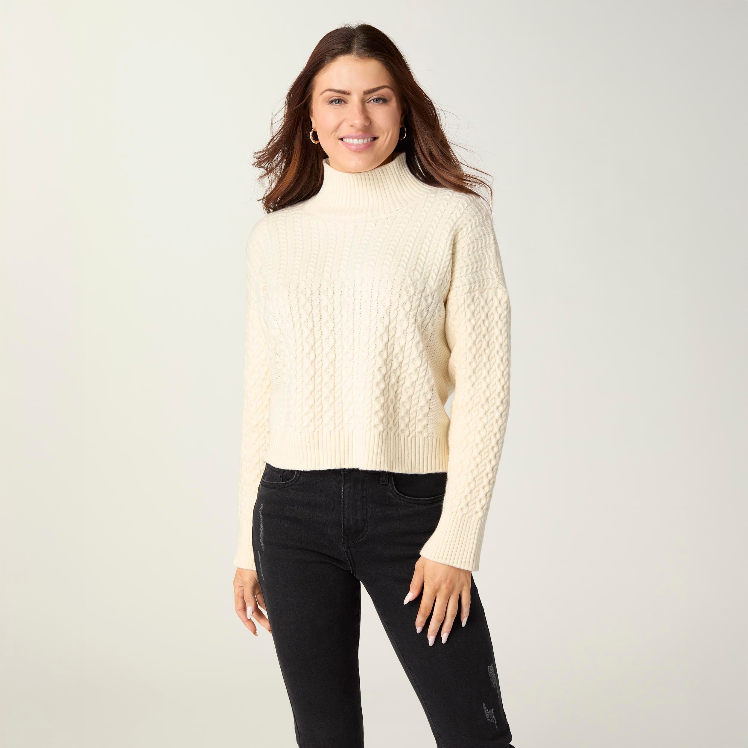 Anaya Ivory Textured Mock Neck Sweater