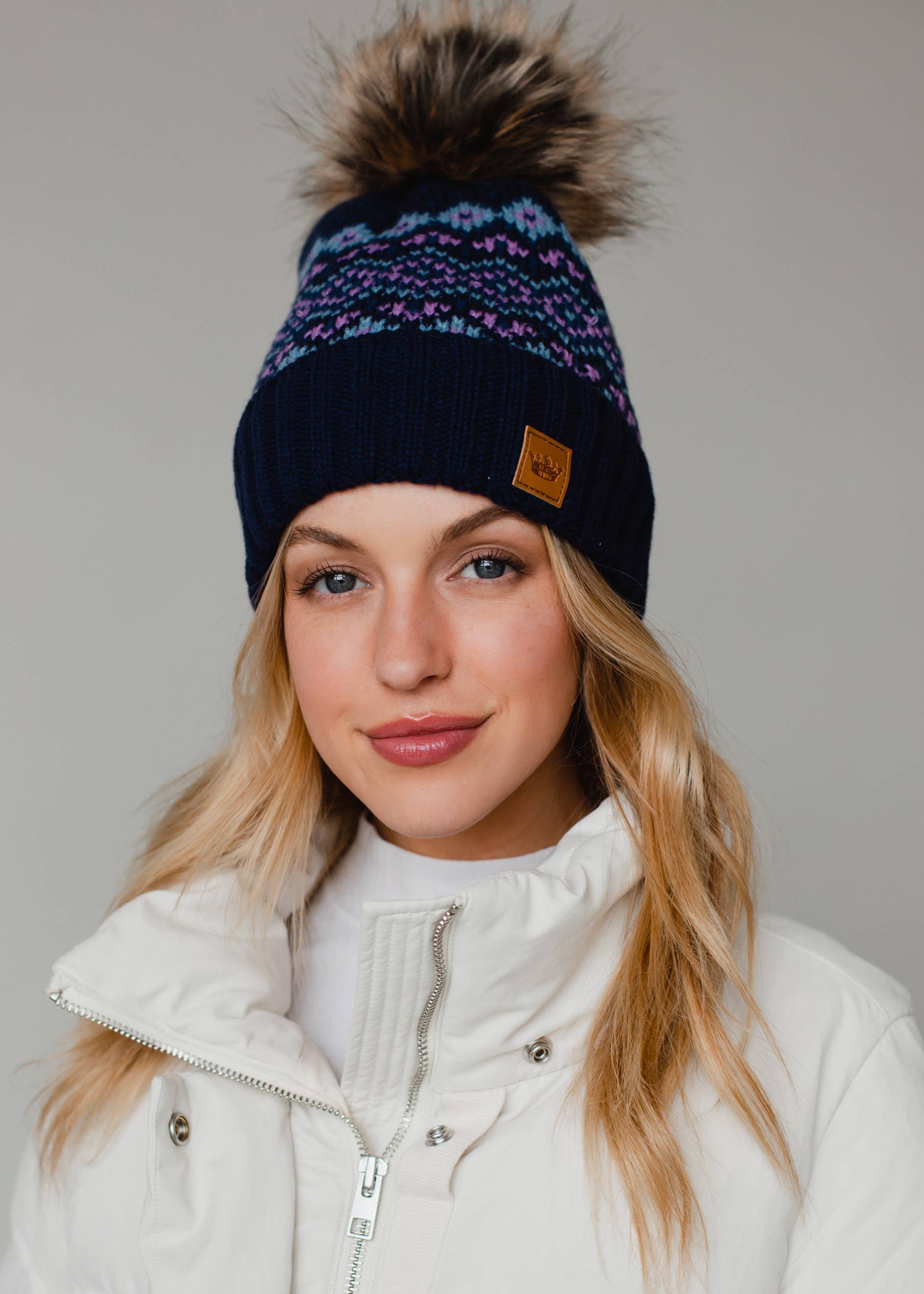 Blue & Purple Patterned Pom Hat