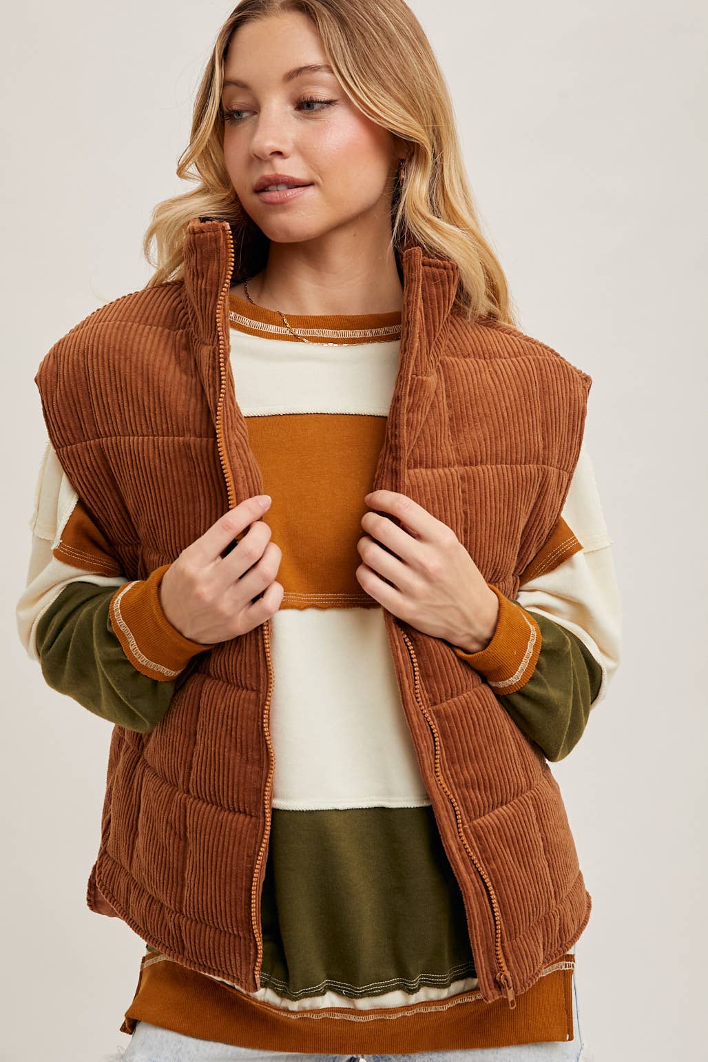 Camel Corduroy Quilted Puffer Vest