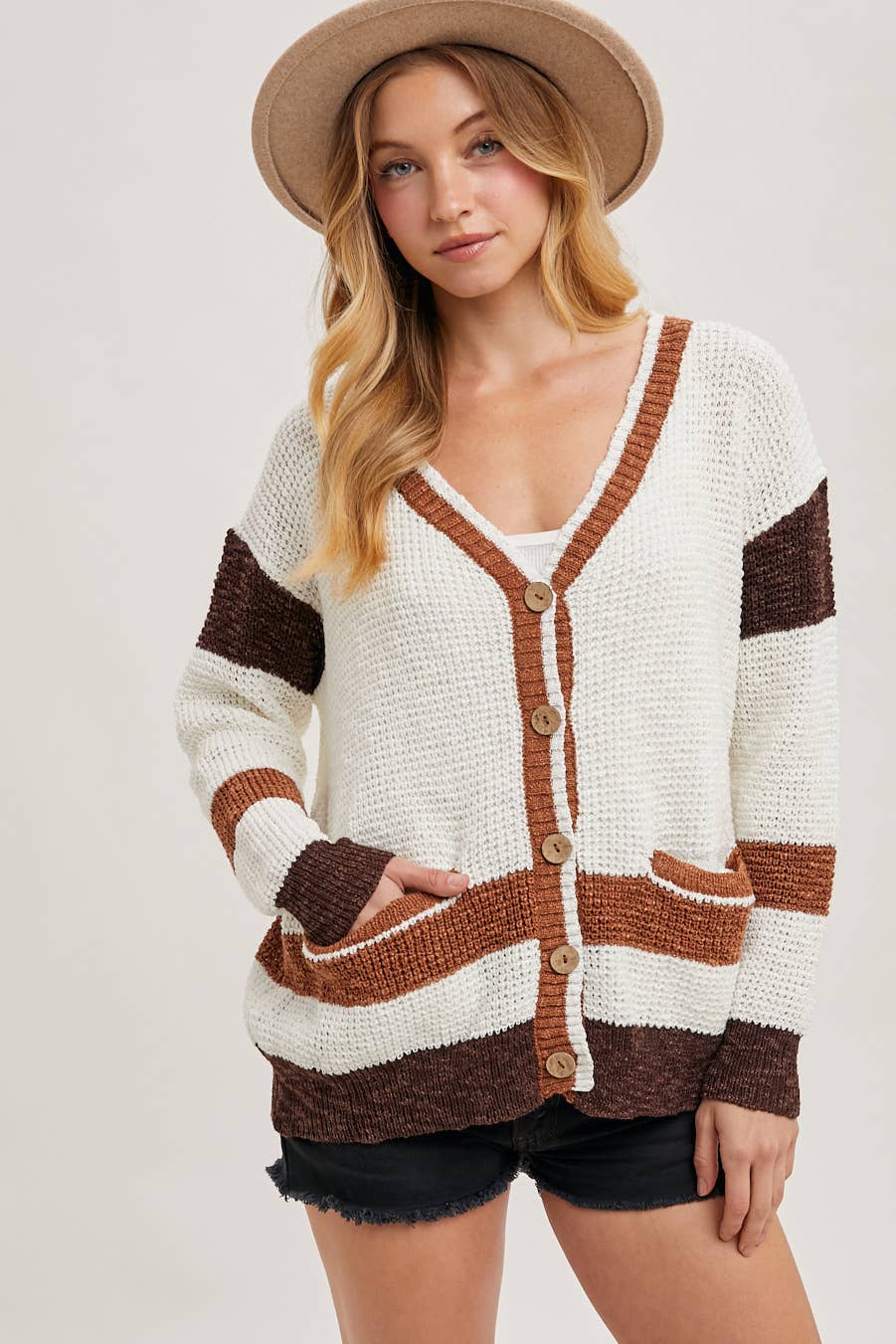 Color Block Button Down Knit Cardigan