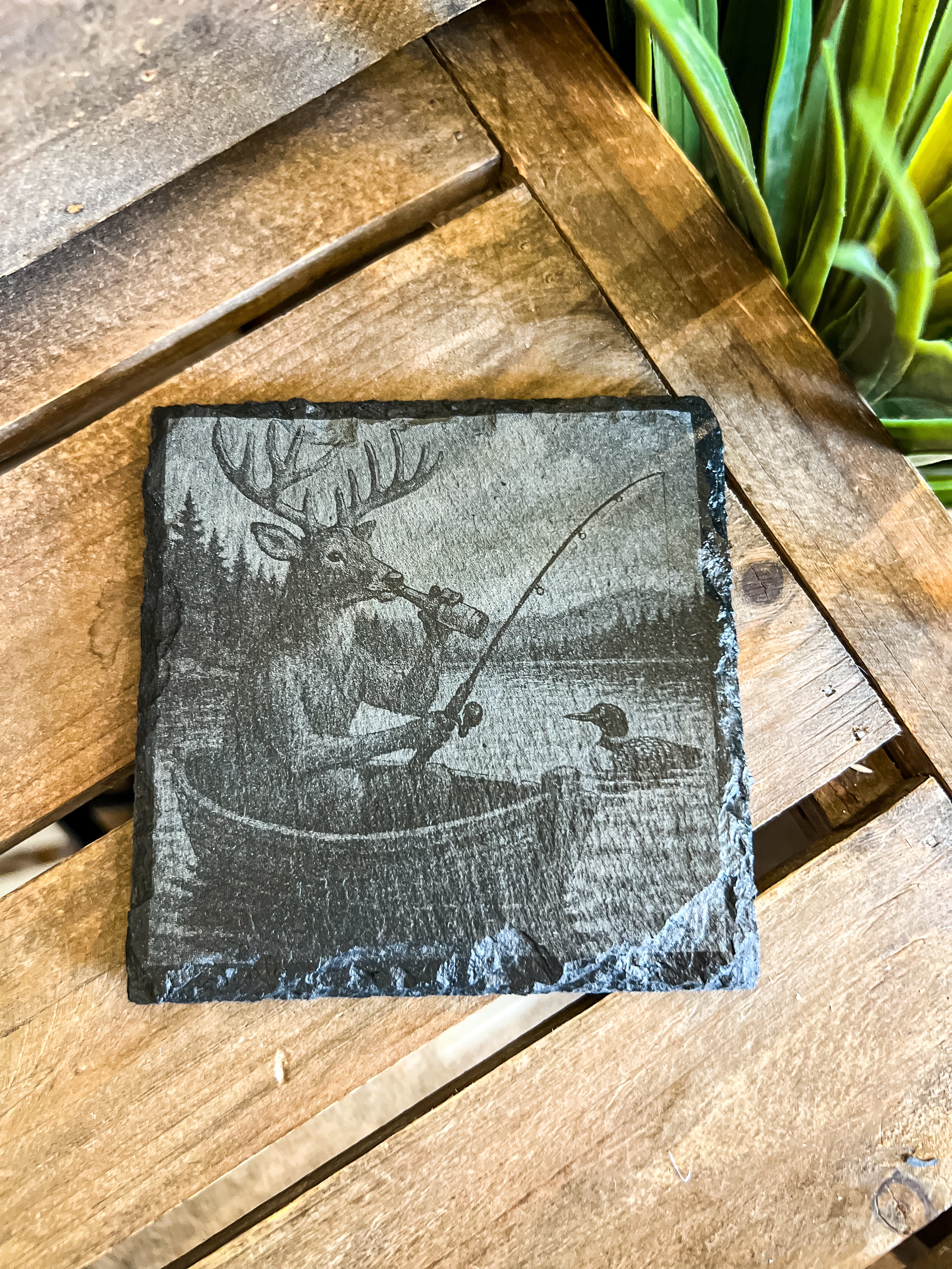 Deer Fishing w/ Beer & Loon Engraved Coaster