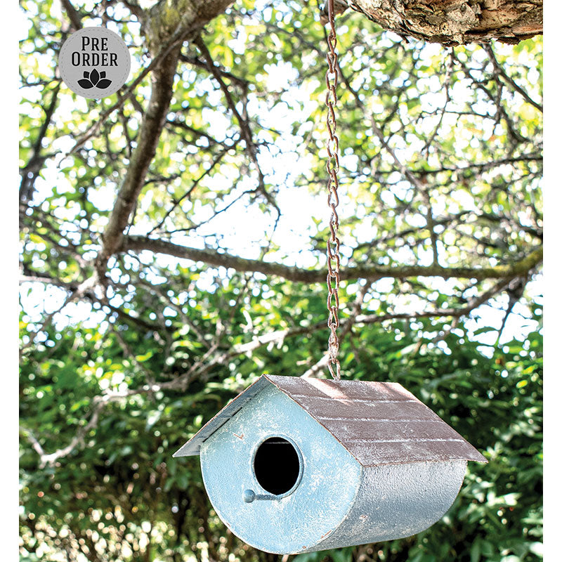 Distressed Blue Metal Birdhouse