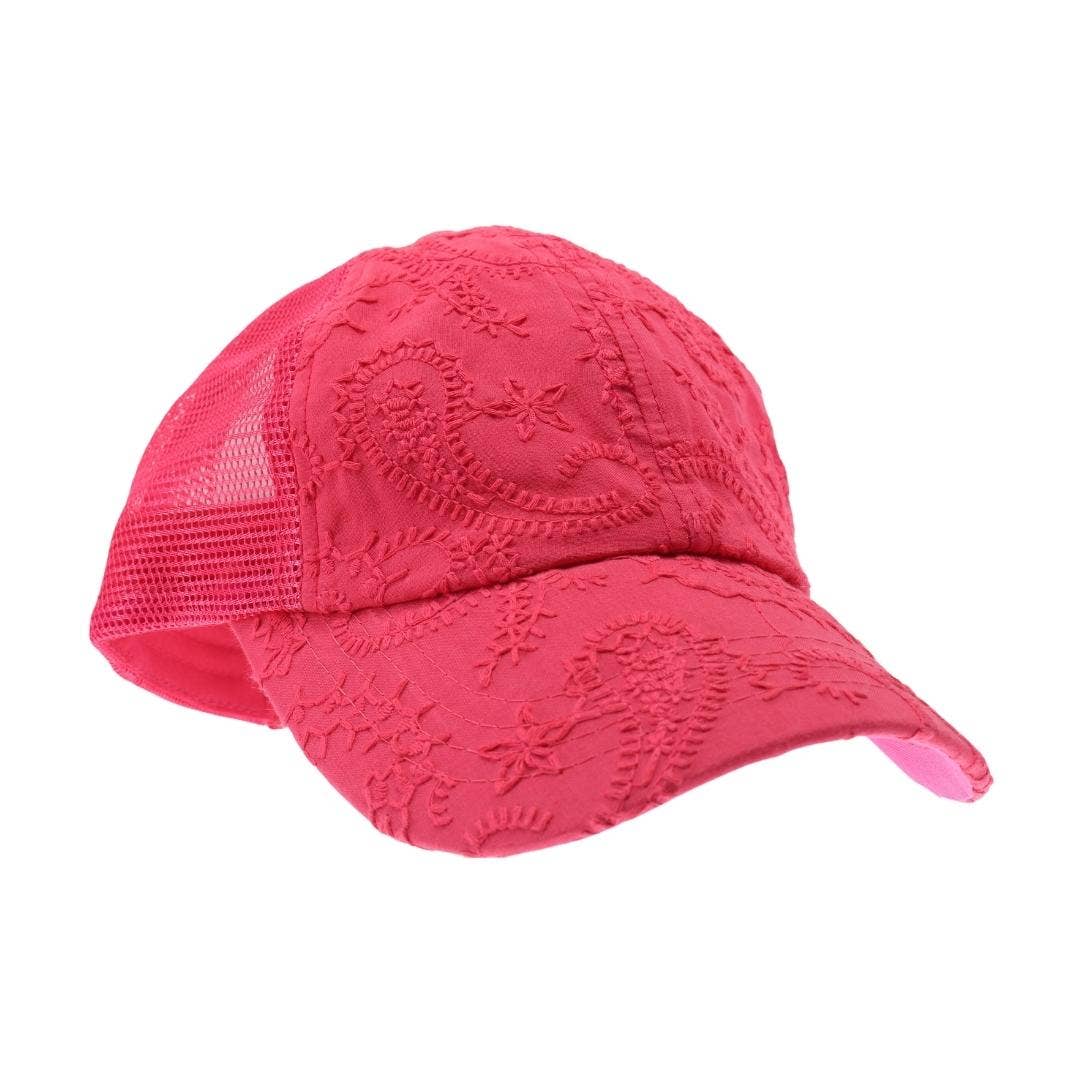 Fuchsia Embroidery Stitch Criss Cross High Pony C.C Baseball Hat