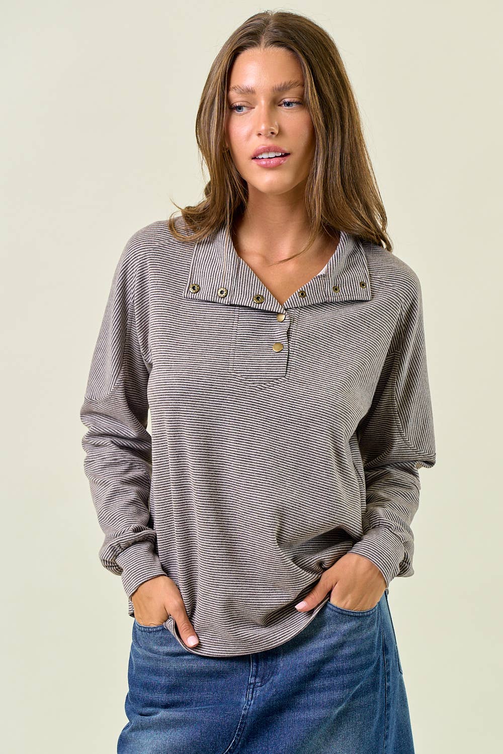 Espresso Buttery Soft Striped Mock Neck Sweatshirt