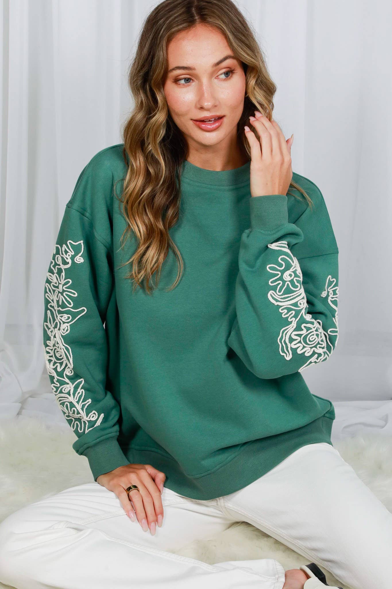 Floral Embroidered Detail Crew Neck Sweatshirt