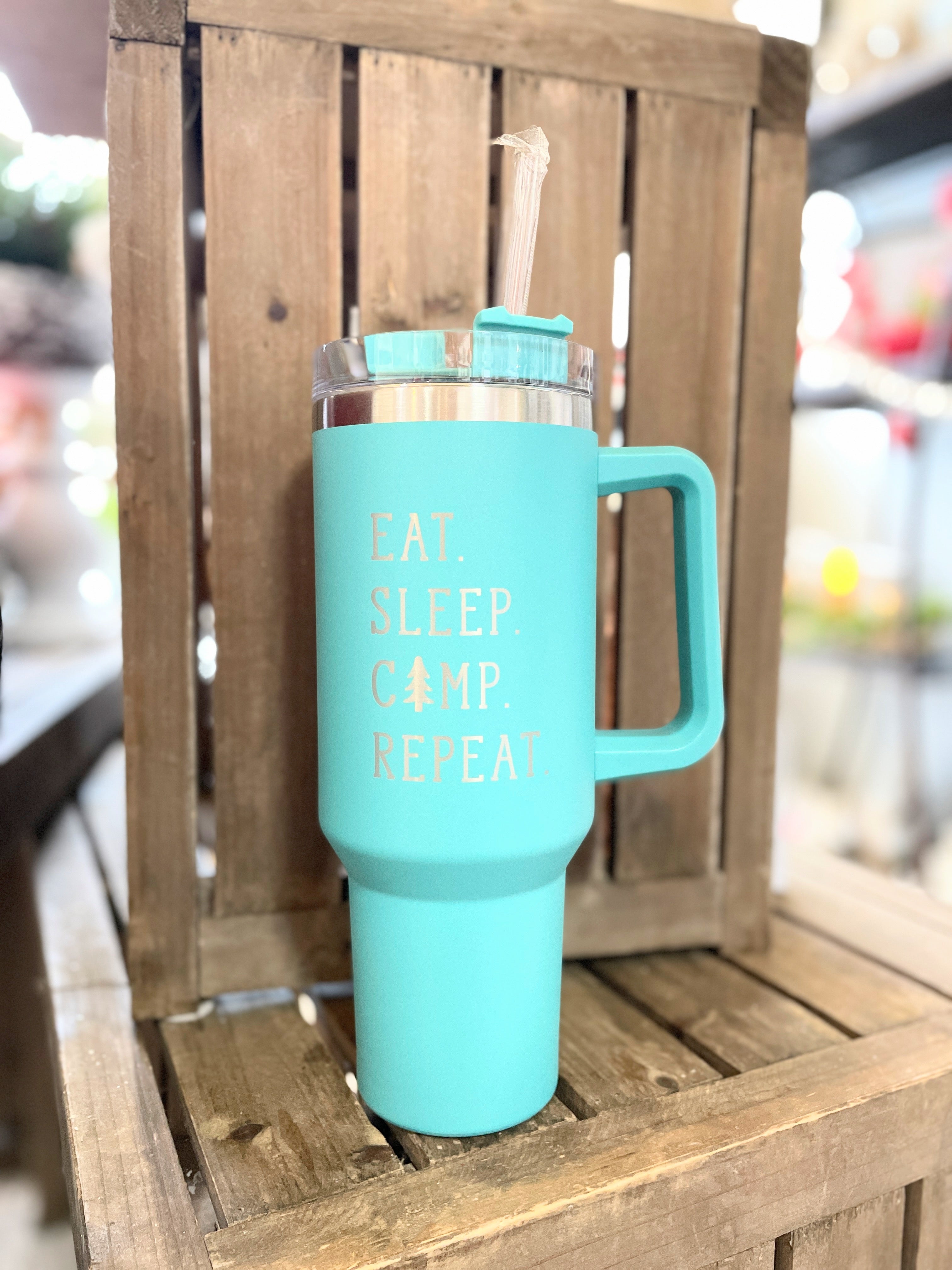 Eat Sleep Camp Handled Cup With Straw: Teal 40 Oz.