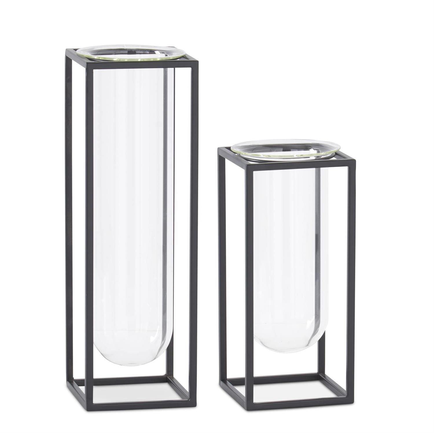 Glass Test Tube Vases in Black Metal Rectangular Frame