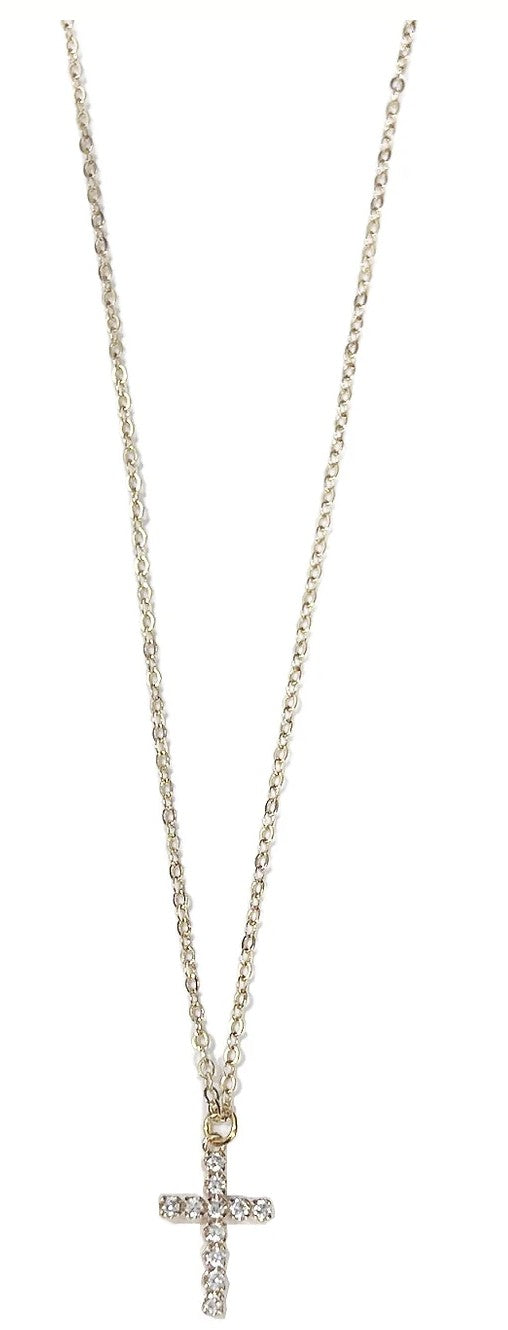 Gold Cubic Zirconia Straight Line Cross Necklace