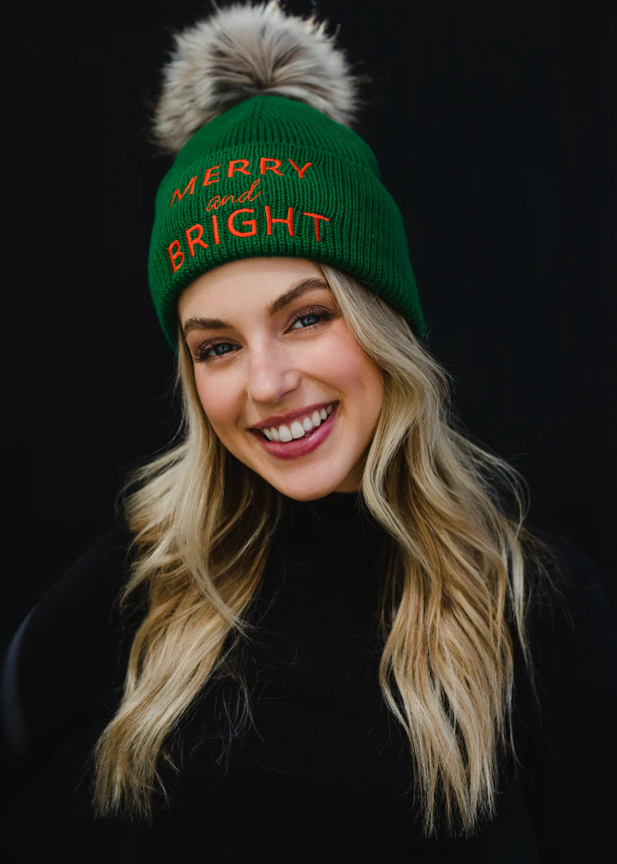 Green Merry & Bright Christmas POM Beanie Hat