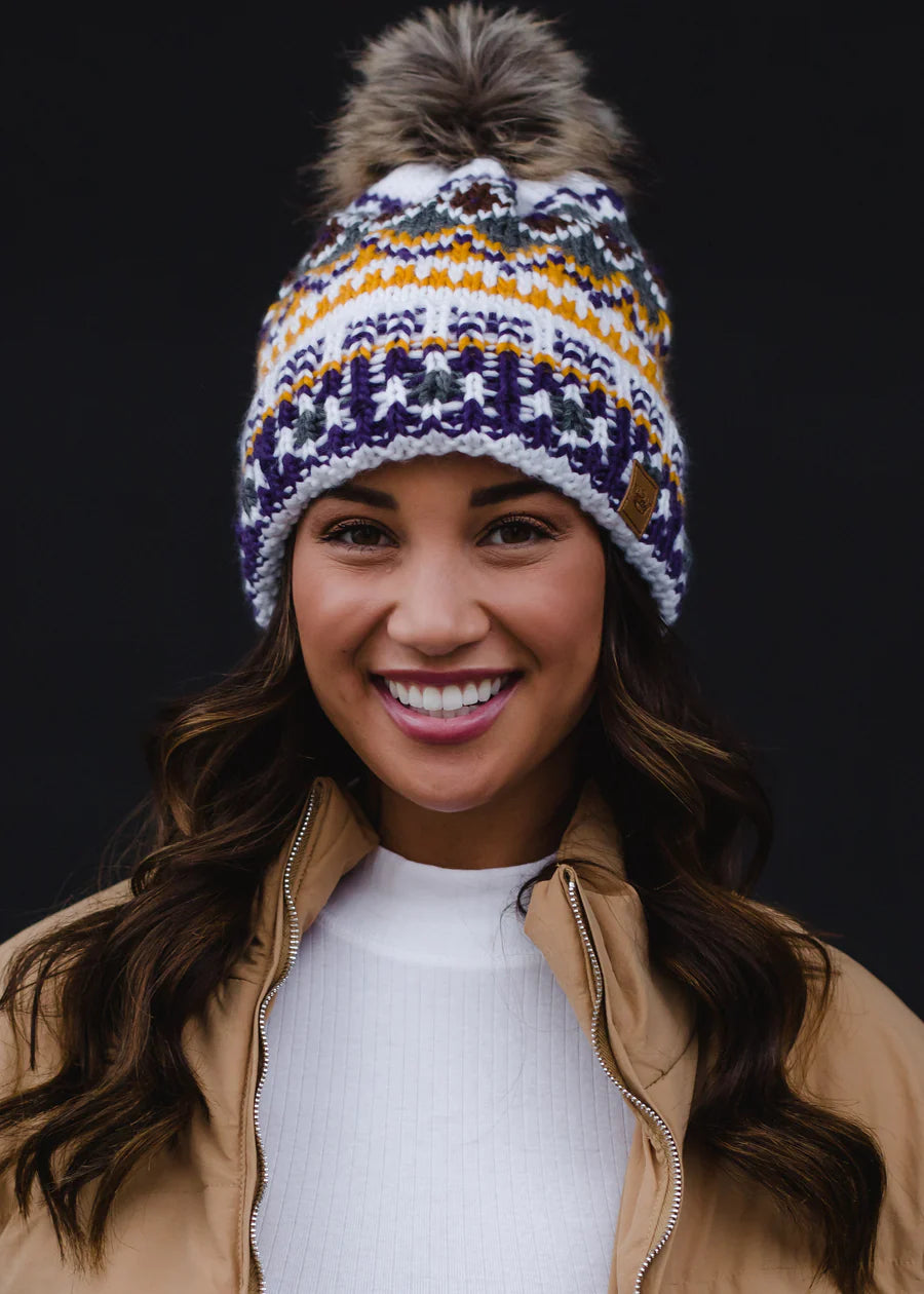 Purple, White & Gold POM Beanie Hat