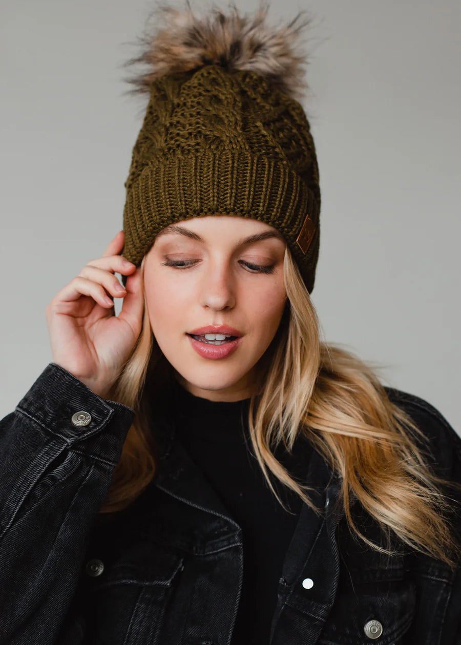 Muted Olive POM Beanie Hat