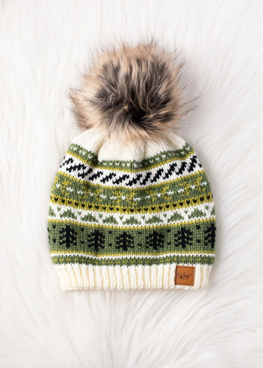 Pines Ivory & Green POM Beanie Hat