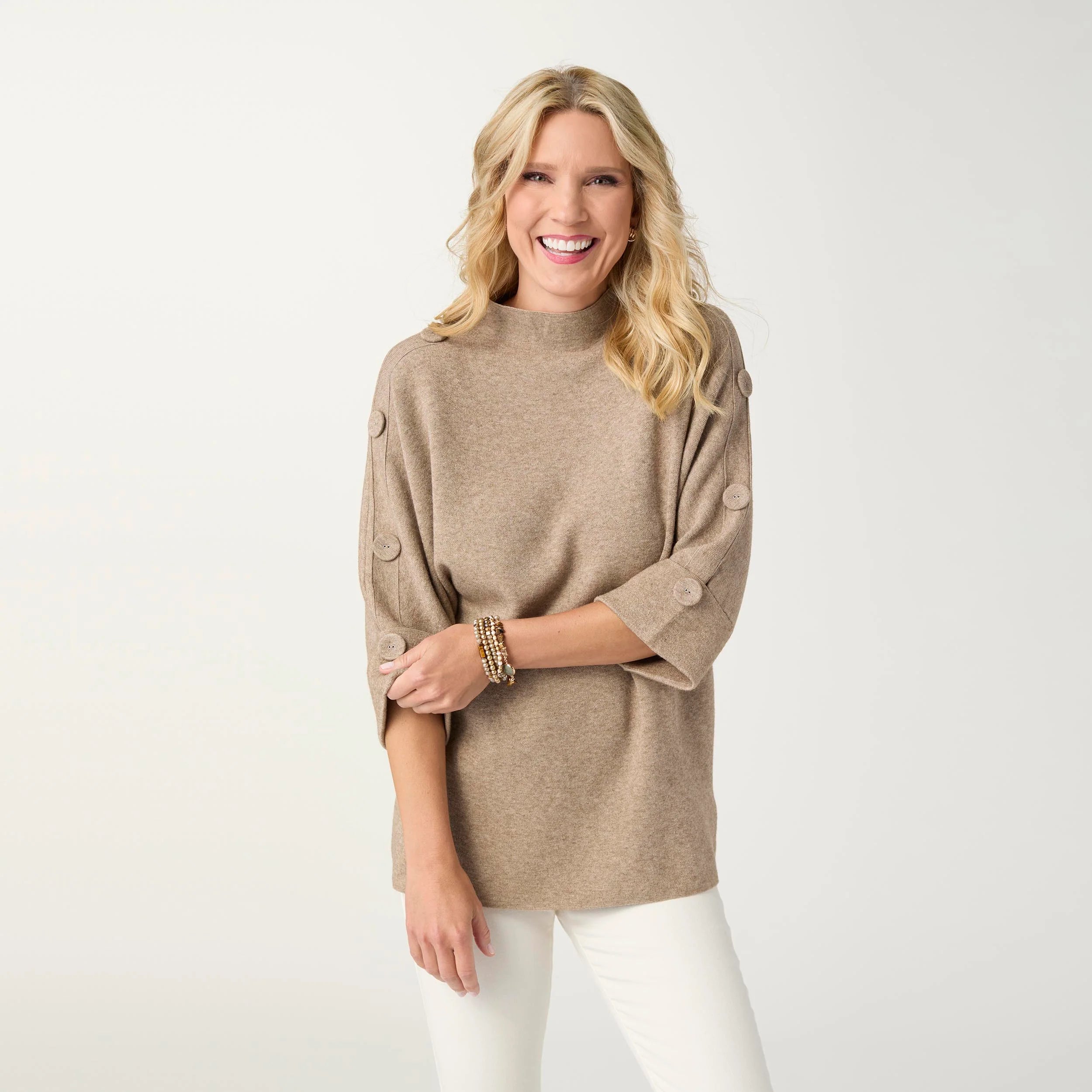 Heavenly-Luxe Beige Elbow Sleeve Funnel Neck with Button Detail