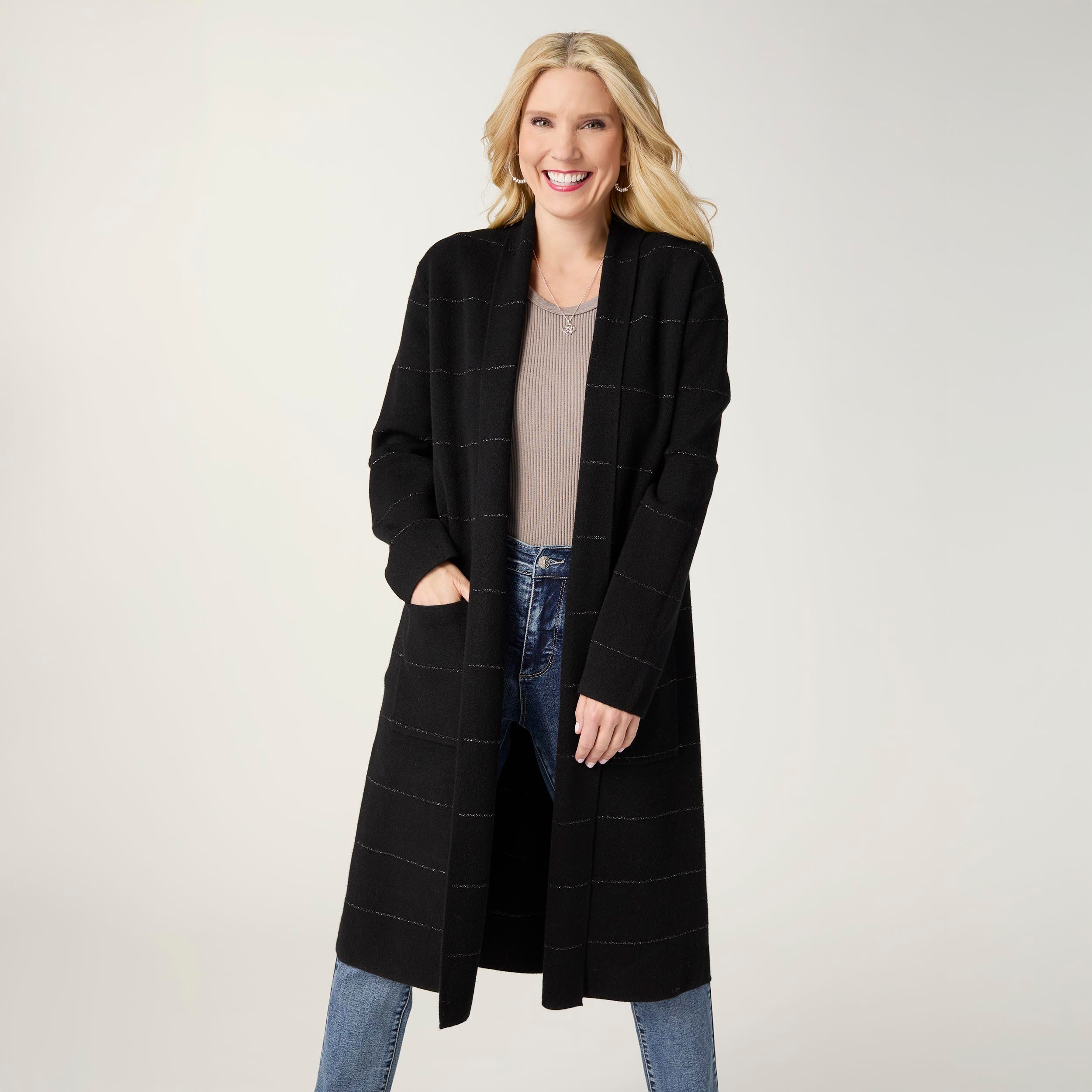 Heavenly-Luxe Black Metallic Stripe Duster Cardigan