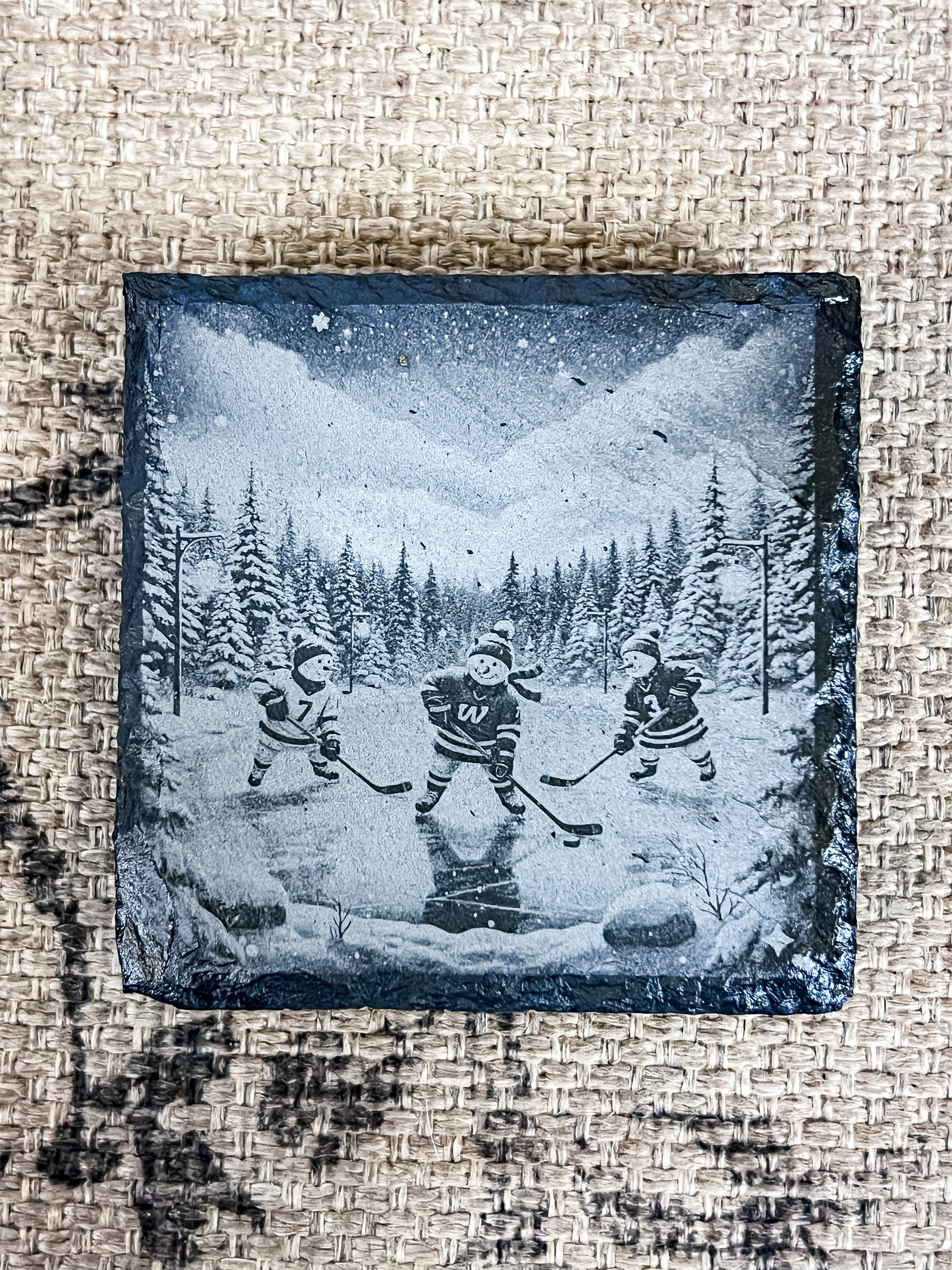 Snowmen Playing Hockey Engraved Coaster