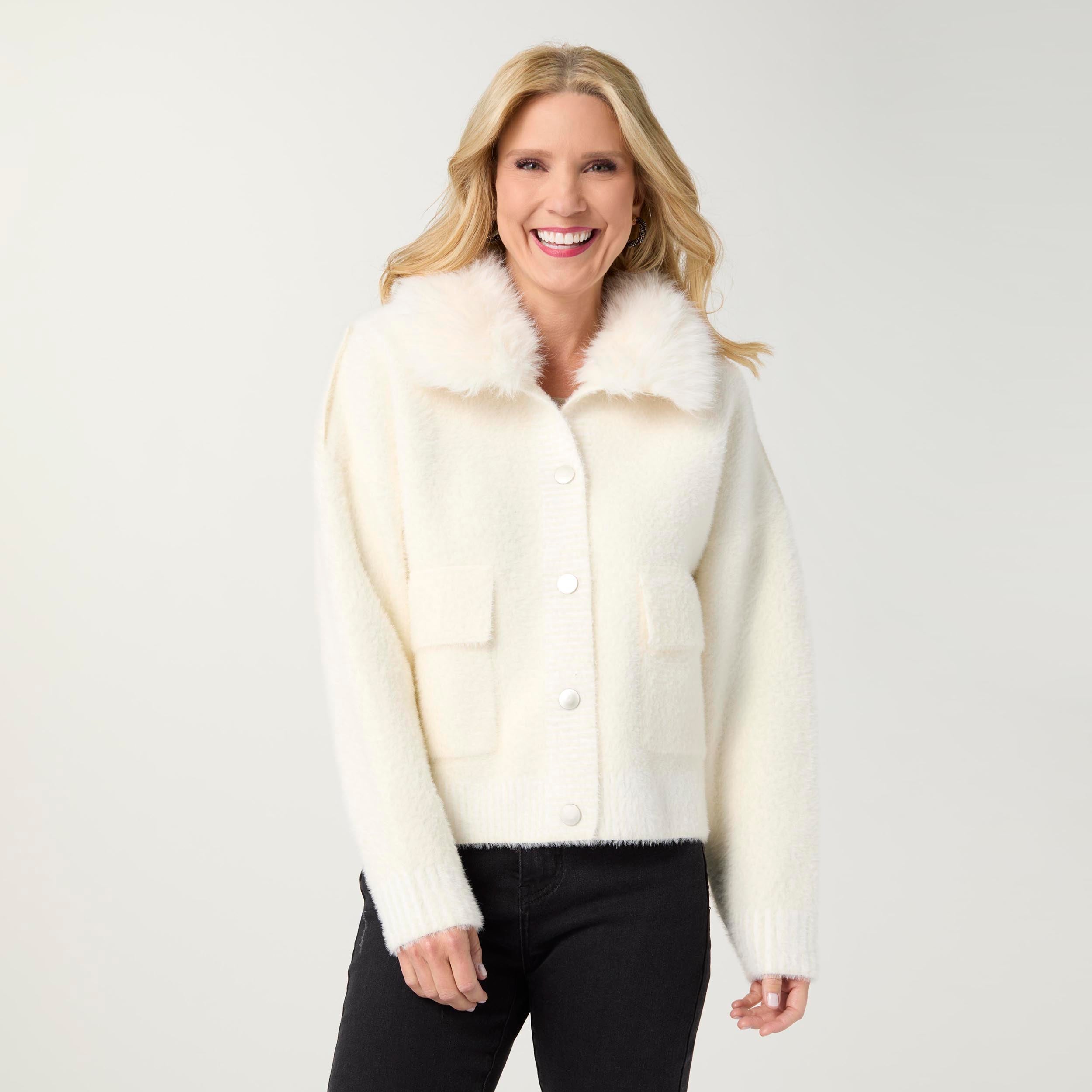 Kabira Winter White Brushed Cardigan with Faux Fur Collar