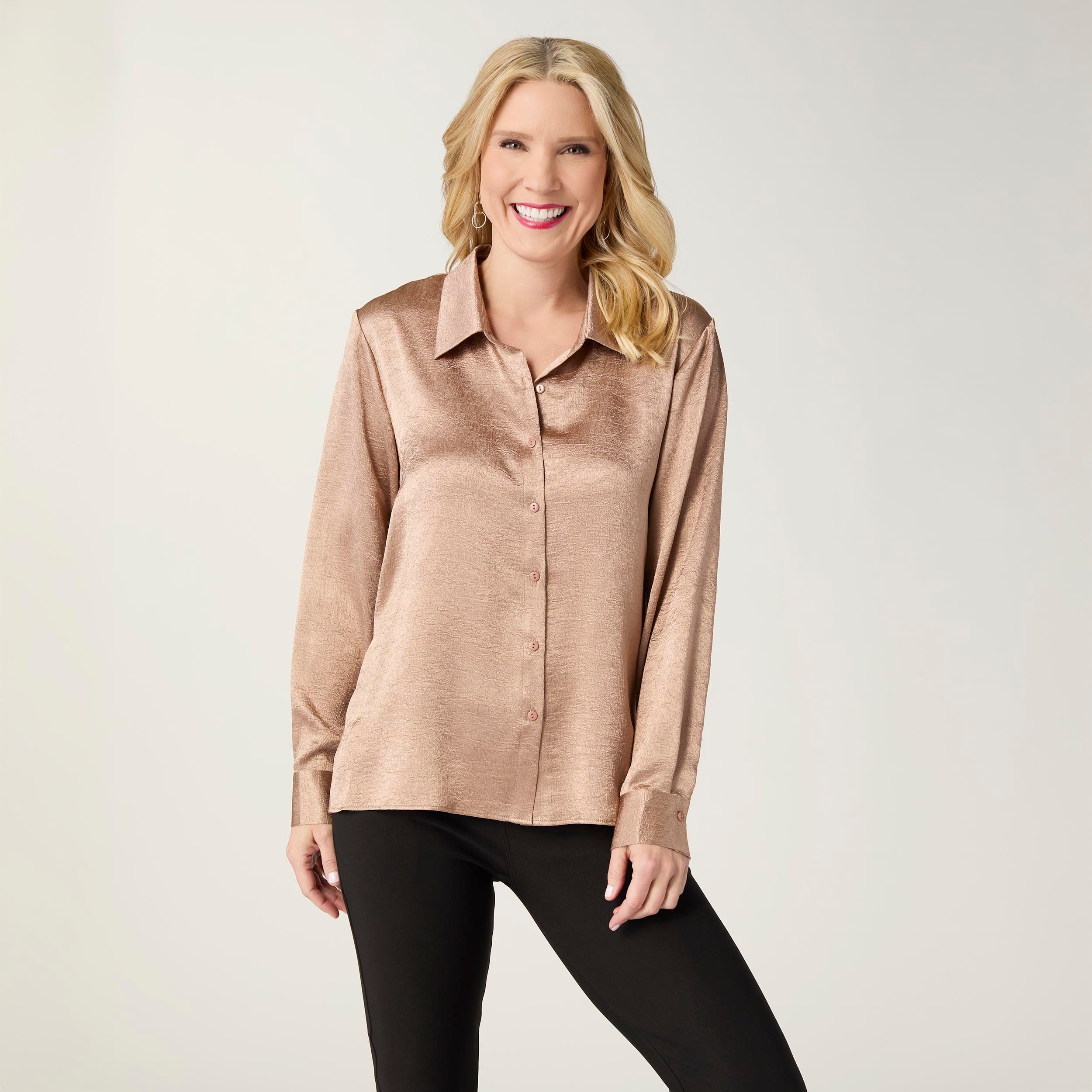 Maryann Bronze Metallic Crinkle Button Front Shirt