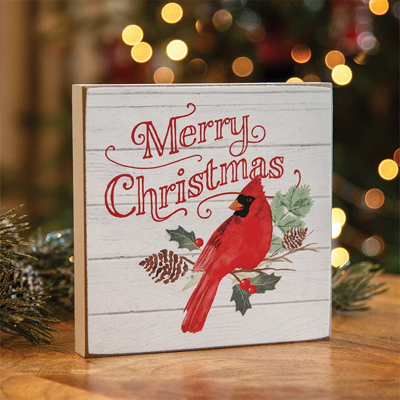 Merry Christmas Cardinal & Holly Square Block Sign