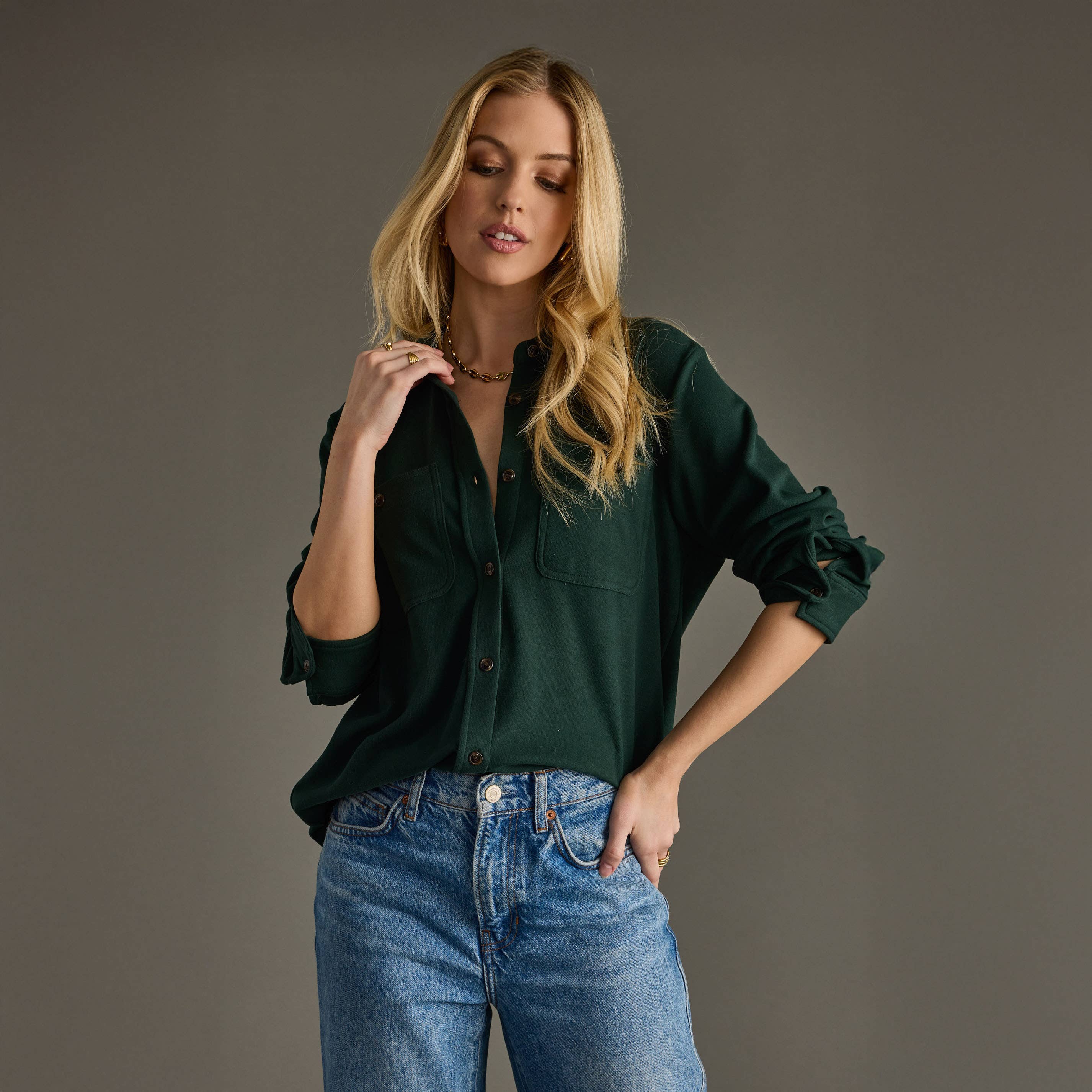 Mindi Hunter Green Super Soft Button Up