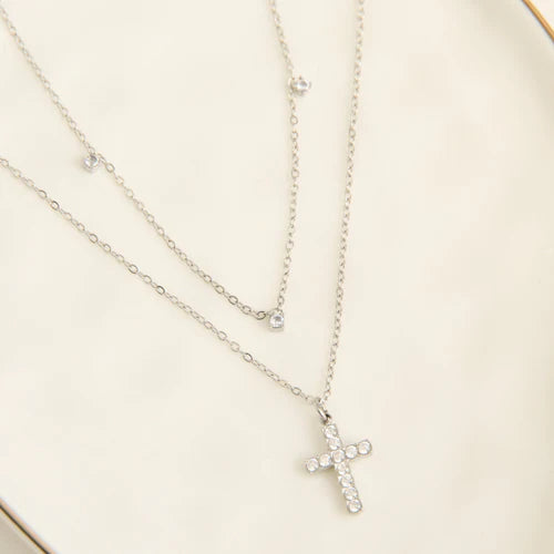 Narelle Waterproof Silver Dainty Double Row Cross Charm Necklace