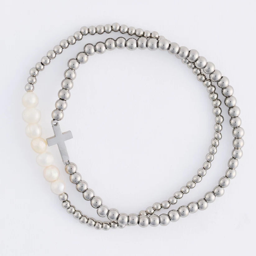Narelle Waterproof Pearl And Cross Stretch Bracelet Set