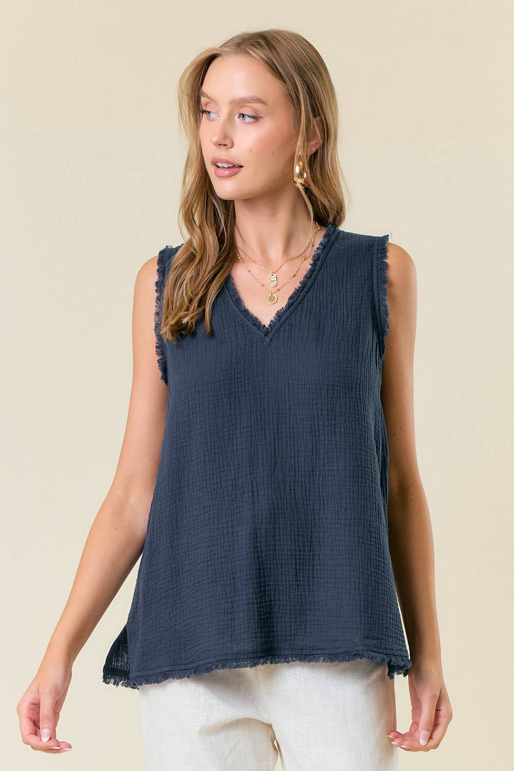 Navy Frayed V-Neck Tank Top