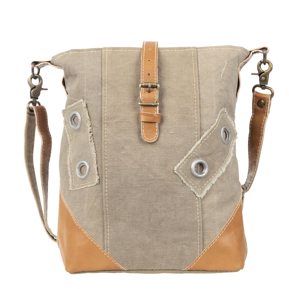 Neutral Canvas & Leather Crossbody Bag With Buckle